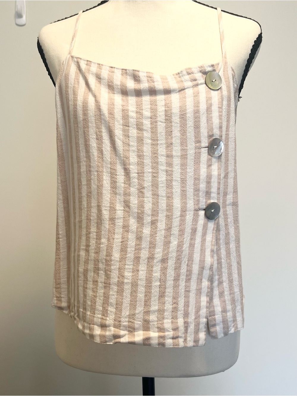 Striped Cream & Beige Button-Accent Spaghetti Strap Cami